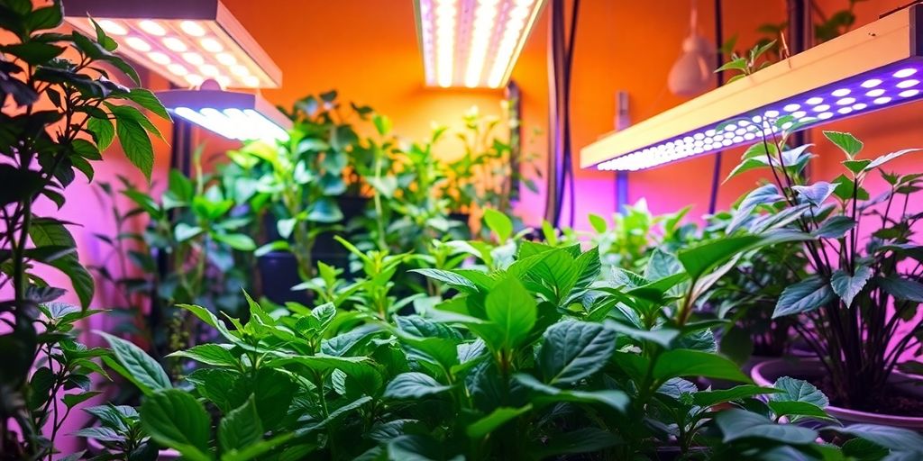 Plantas de interior verde vibrantes prosperam sob luzes LED coloridas para cultivo. Qual é a melhor iluminação para plantas de interior?.
