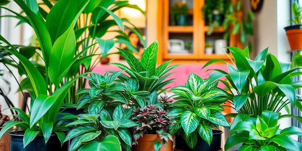 Plantas vibrantes de interior enfeitam uma prateleira em um ambiente bem iluminado, evitando erros comuns no cuidado com plantas domésticas.