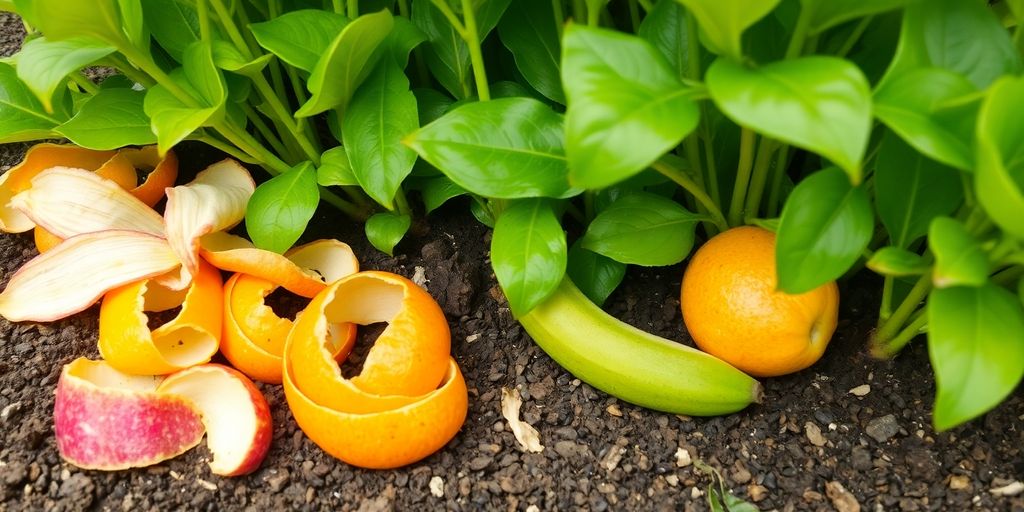Cascas de frutas coloridas e laranjas inteiras adornam folhas verdes exuberantes, ilustrando como usar cascas de frutas como fertilizante natural.