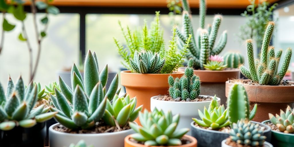 Uma variedade de suculentas e cactos em vasos aproveitam a luz natural, mostrando como cuidar deles em ambientes internos.