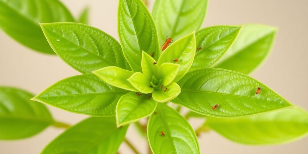 Close de folhas verdes frescas com pequenas formigas vermelhas, uma dica sobre como identificar pragas em plantas de interior.
