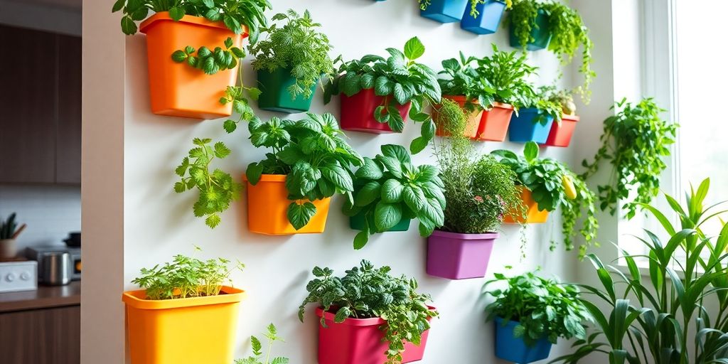 Como construir um jardim vertical vibrante dentro do seu apartamento usando vasos de parede coloridos e plantas verdes exuberantes.